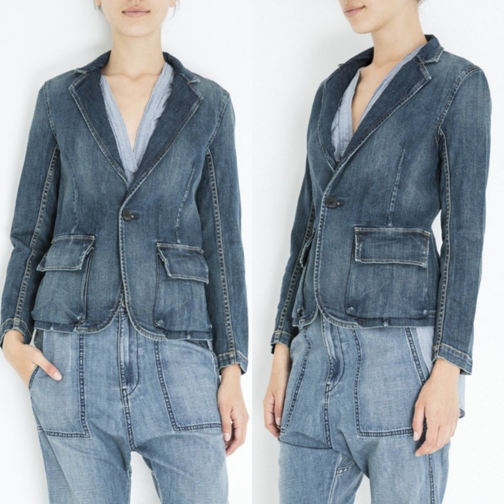 Nili Lotan Denim Blazer Jacket Addison Blue Medium Wash Single Button Size 2‎